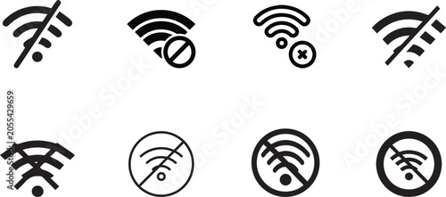WiFi icons, wireless network symbols, no signal signs, black and white graphics, 8 icon set