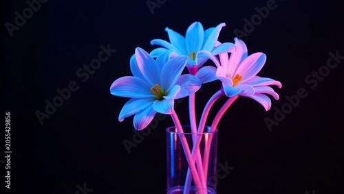 Three white flowers in glass vase with neon lighting