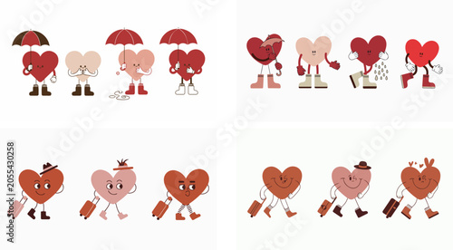 heart characters in various romantic and travel related activities on white background