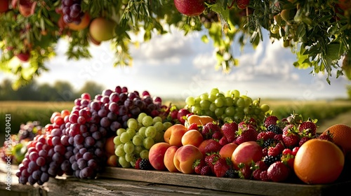 Abundant fresh fruits and berries displayed outdoors under a sunny sky