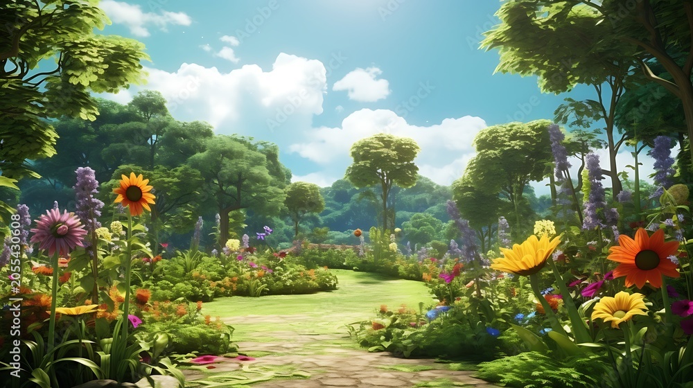 Obraz premium Garden Pathway with Colorful Flowers and Green Trees in Bright Daylight