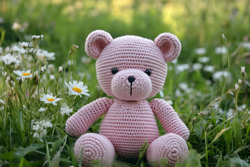 Charming pink crocheted teddy bear sitting amidst a field of delicate white daisies in soft focus