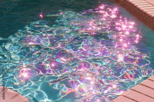 Shimmering, iridescent pool water reflects sunlight, creating a vibrant, sparkling spectacle