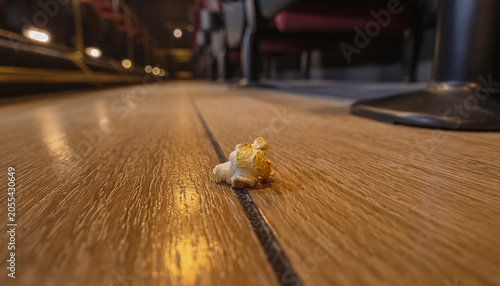 A lone popcorn kernel on the wooden aisle, like a tiny comet stranded in a dim cinema