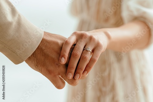 Close-up of hands clasped, with a sparkling ring on one finger