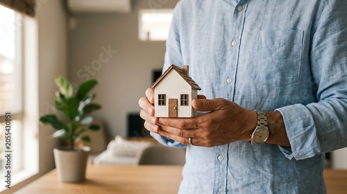 Hands holding a miniature house model real estate concept