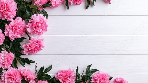 Delicate pink blossoms cascade across a white wooden surface