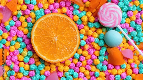 A vibrant explosion of tiny colorful sweets with an orange slice and lollipop