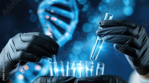 Gloved hands hold glowing test tubes against a DNA helix backdrop