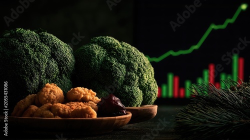 Fresh produce and baked goods in front of a stock market graph