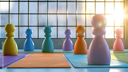 Colorful pawns arranged on yoga mats in a sunlit room