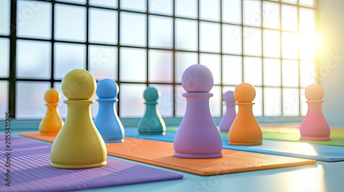 Colorful pawns on yoga mats in bright room