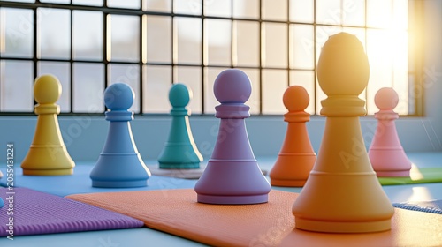 Pastel pawns on a game board by a sunlit window