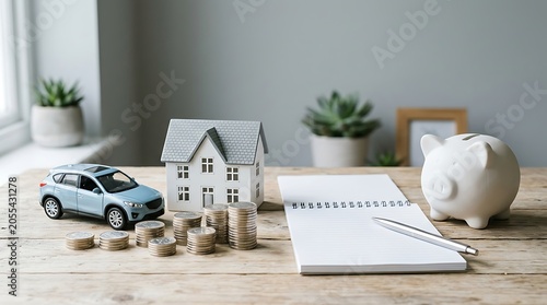 House model piggy bank and coins on a wooden table