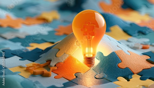Glowing bulb atop puzzle pieces, symbolizing innovation and problem-solving