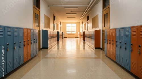 Empty school hallway with blue and orange lockers for back to school season concept. Bright high school corridor background with windows and clean floor.
