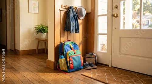 Vibrant colorful school backpack with lunchbox and jacket in home entryway. Back to school morning concept with bright schoolbag near the front door.
