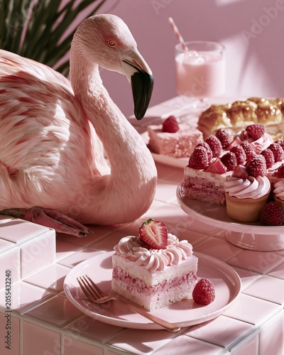 Pink Flamingo and Delicious Raspberry Cakes on Pastel Tiled Surface