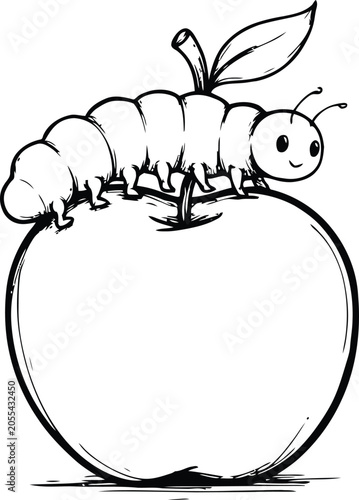Cute caterpillar crawling on a fresh with a leaf during daytime in a simple sketch style