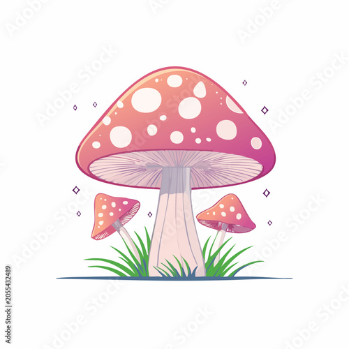 Whimsical Pink and White Spotted Mushrooms in Green Grass