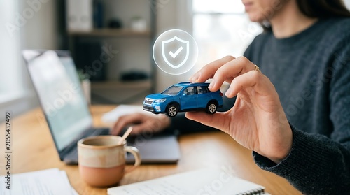 Hand holding blue toy suv with safety shield icon work from home