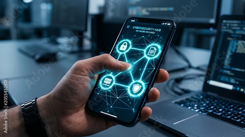 Hand holding smartphone displaying cybersecurity hub interface with network security icons