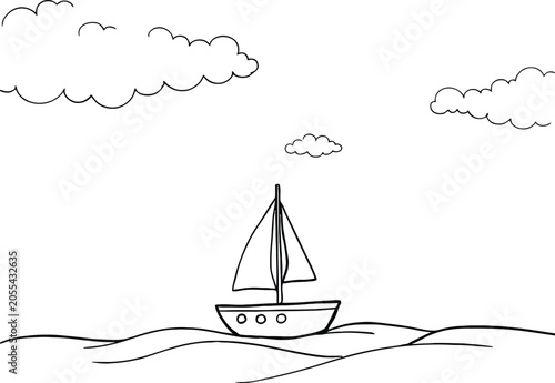 Simple sailboat glides across wavy ocean under fluffy clouds during daytime clear sky
