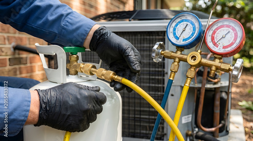 HVAC Technician Servicing Air Conditioning Unit Outdoors | Manifold Gauge Set and Refrigerant Tank for AC Repair | Home Maintenance and Cooling System Service | Professional HVAC Repair Work