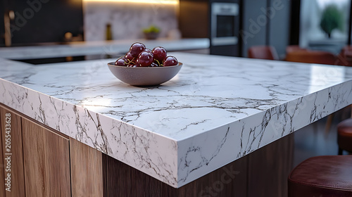 Marble kitchen island with fruit bowl.