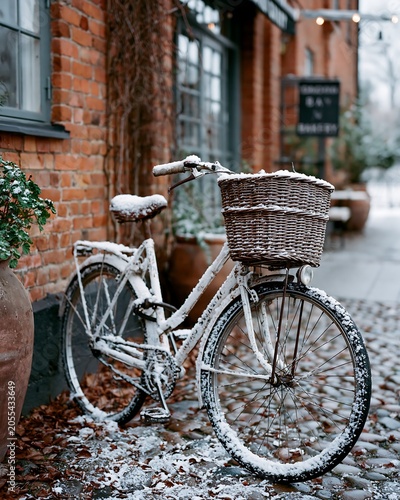 Vintage Bicycle Covered in Snow Leans Against a Brick Building in Winter