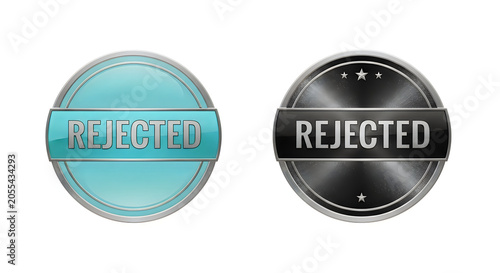 A pair of rejected rubber stamps featuring the word rejected in bold letters, one in a teal color and the other in black with a star, symbolizing disapproval or failure in a clear and bold manner