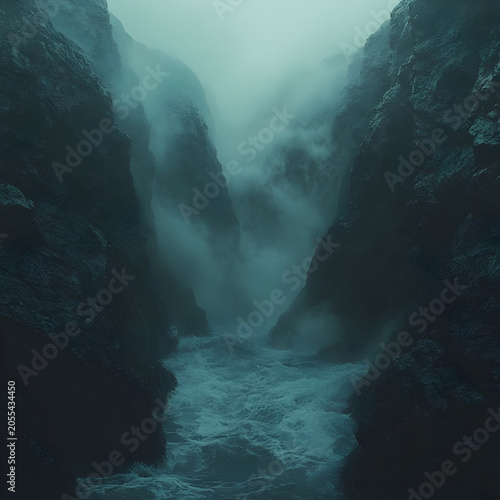 Misty mountain river landscape with fog.