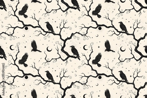 Seamless pattern featuring black silhouettes of crows perched on bare tree branches with crescent moons and stars on a light beige background