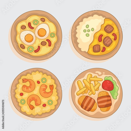 Four Dishes of Asian Food Illustration Set