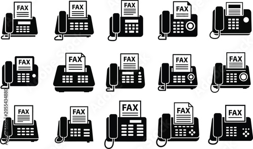 Obraz na plátne Fax machine icons set in black and white office communication equipment silhouet