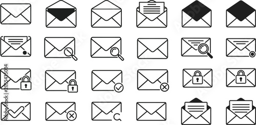 Collection of black and white envelope icons with various symbols on a white background