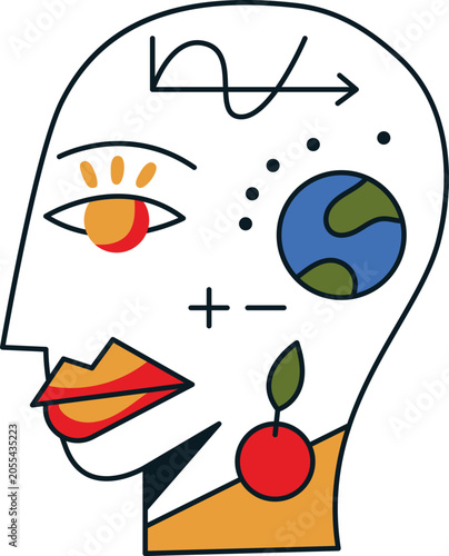 Abstract human mind concept illustration featuring knowledge, education, planet awareness, personal growth and intellectual development symbols inside a stylized profile.