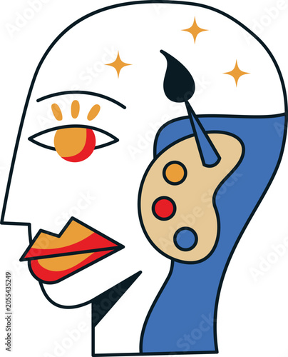 Abstract human mind concept illustration featuring an artist palette, paintbrush and creative imagination inside a stylized profile. Creativity, artistic thinking, inspiration, design process.