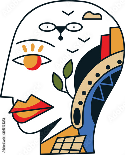 Abstract human mind concept illustration featuring urban architecture, bridge, city skyline, transportation and connected metropolitan environment inside a stylized profile.