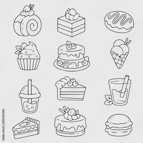 Dessert and Sweet Food Line Art Icon Set