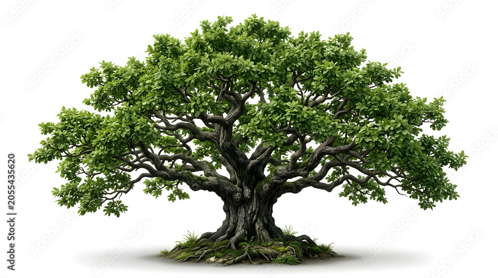 Obraz premium Majestic Deciduous Oak Tree with Spreading Branches and Lush Green Leaves Isolated on a Pure White Background for Nature Design