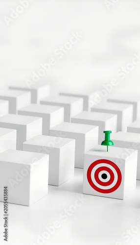 A cube with a target and a green pushpin stands out among a cubes. Goal setting, target setting, focus concept.