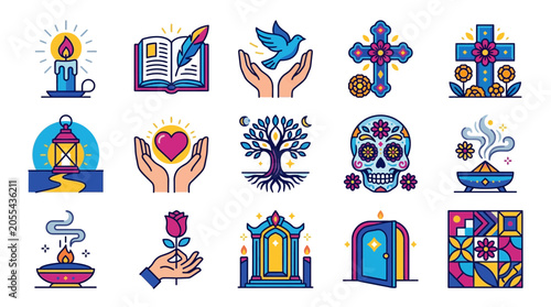 Fotografie Day of the Dead Icons: Sugar Skull, Candle, Dove, Rose, Tree of Life & More