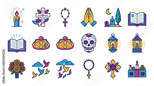 Fotografie Day of the Dead Icons: Sugar Skull, Candles, Crosses, Prayer Hands, Bread