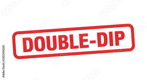 A bold red rectangular speech bubble with the phrase double dip in white bold letters, evoking a sense of sharing treats or options with others