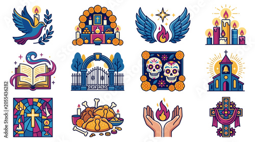 Obraz na plátně Day of the Dead Pixel Art Icons Set - Dia de Muertos Celebration Elements