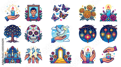 Bilde på lerret Day of the Dead Symbols: Candles, Skulls, Butterflies, Flowers, Dove, Tree of Li