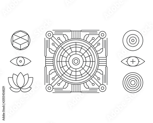 Circuit board with eye and lotus flower icons on white background