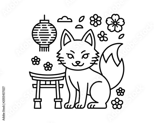 Japanese fox sitting next to torii gate with flowers and lantern  traditional symbol