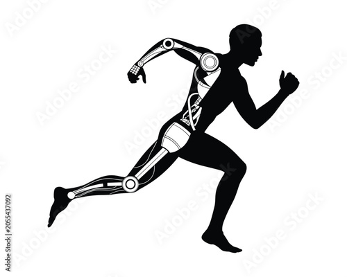 Cyborg athlete running with mechanical limbs and robotic body parts integration
